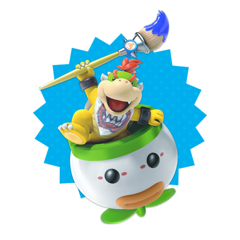 The villainous Bowser Jr., waving his large magic paintbrush, emerges from this helicopter-like Junior Clown Car.
