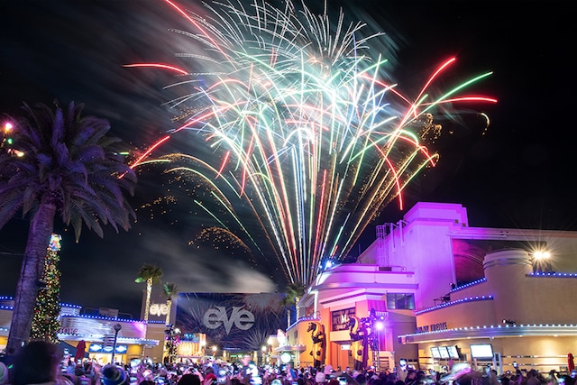 Fireworks light up the night sky above Universal Studios Hollywood during the EVE event.