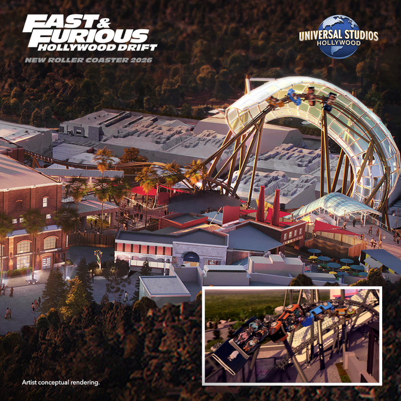 An artist conceptual rendering of the new Fast & Furious Hollywood Drift roller coaster coming to Universal Studios Hollywood in 2026.