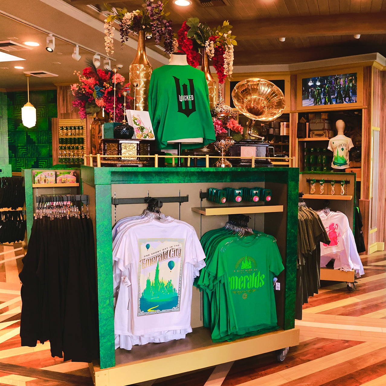 Wicked t-shirts and other apparel and accessories inside the Feature Presentation Store at Universal Studios Hollywood.