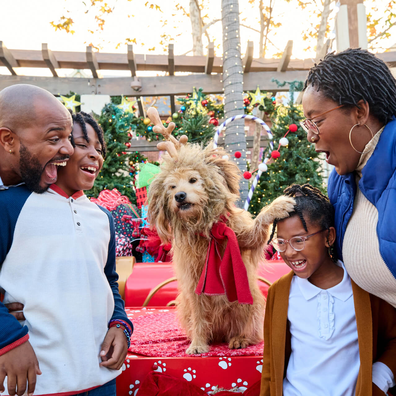 A family of four smiling and laughing as they post with the Grinch's dog, Max.