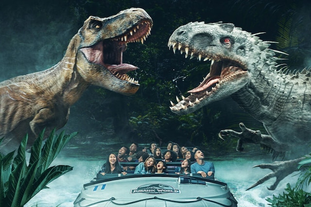 An enormous Tyrannosaurus rex and an equally large Indominus rex roar at each other from either side of a river as beneath them cruises a Jurassic World raft boat filled with terrified riders.