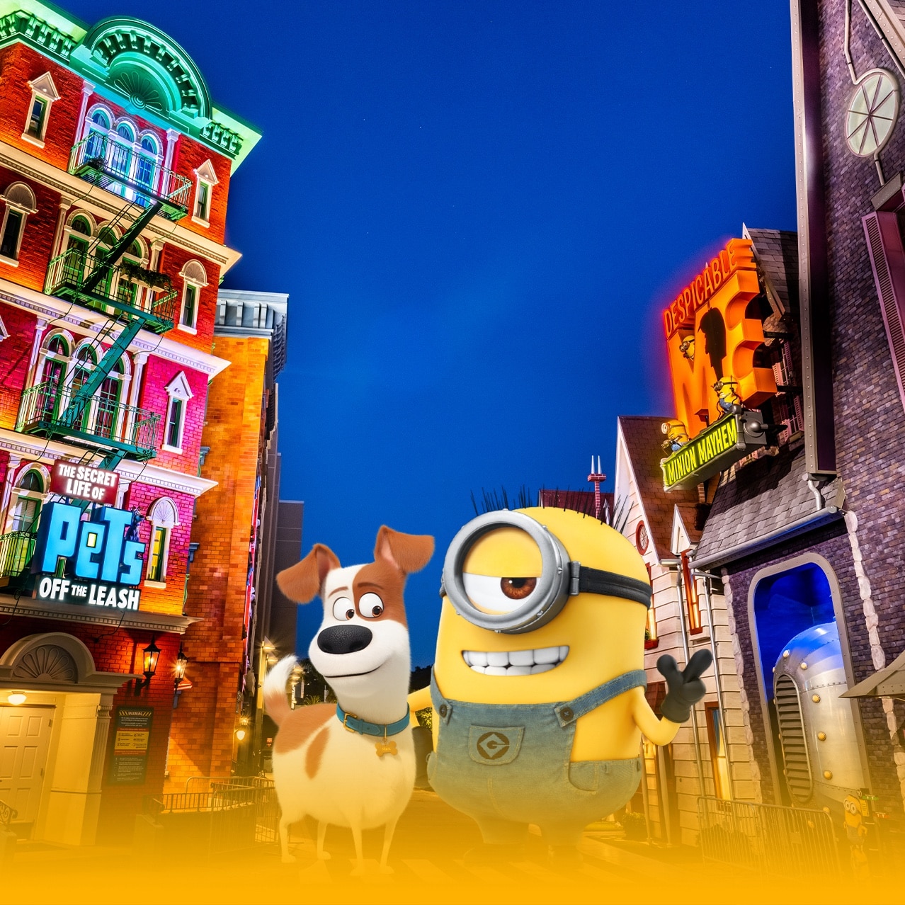 A minion and a character from Secret Life of Pets pose in front of Minions Land.