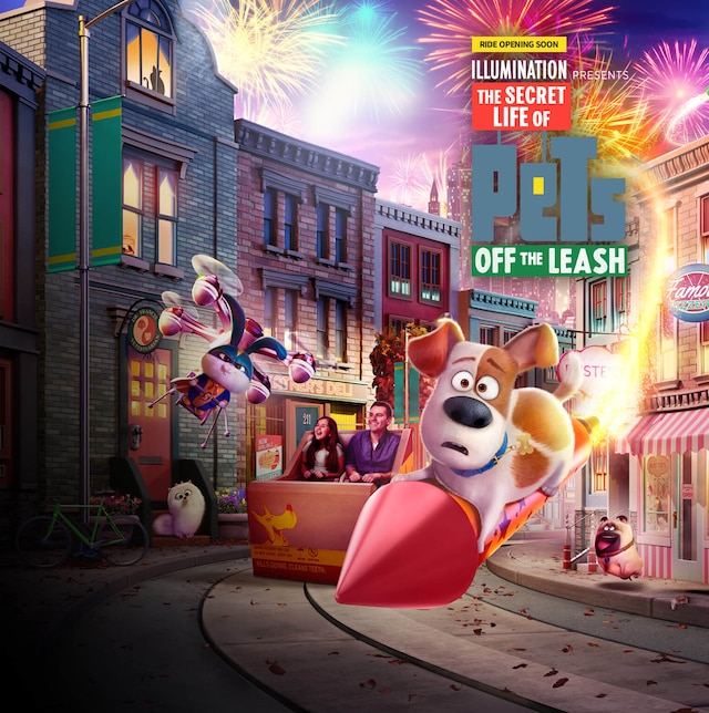 Artistic rendering of The Secret Life of Pets ride with Max flying on a firework and Snowball driving a drone in New York City.