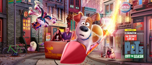 Artistic rendering of The Secret Life of Pets ride with Max flying on a firework and Snowball driving a drone in New York City.