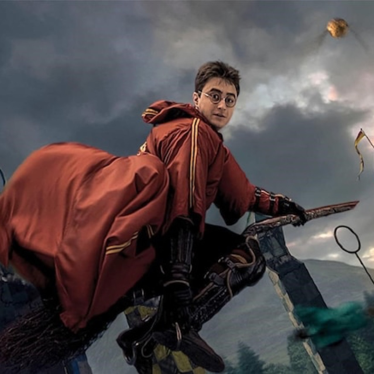 Harry Potter on a broom in a Quidditch match on a cloudy evening.