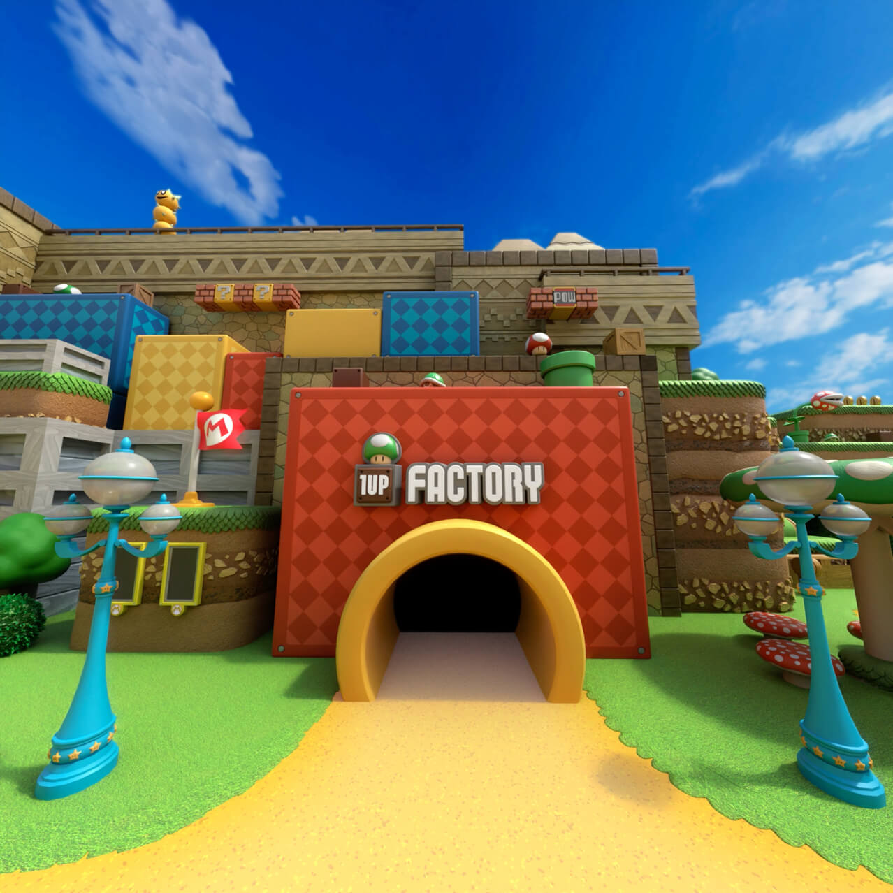Front view of 1-UP Factory™ in SUPER NINTENDO WORLD™ land at Universal Studios Hollywood.