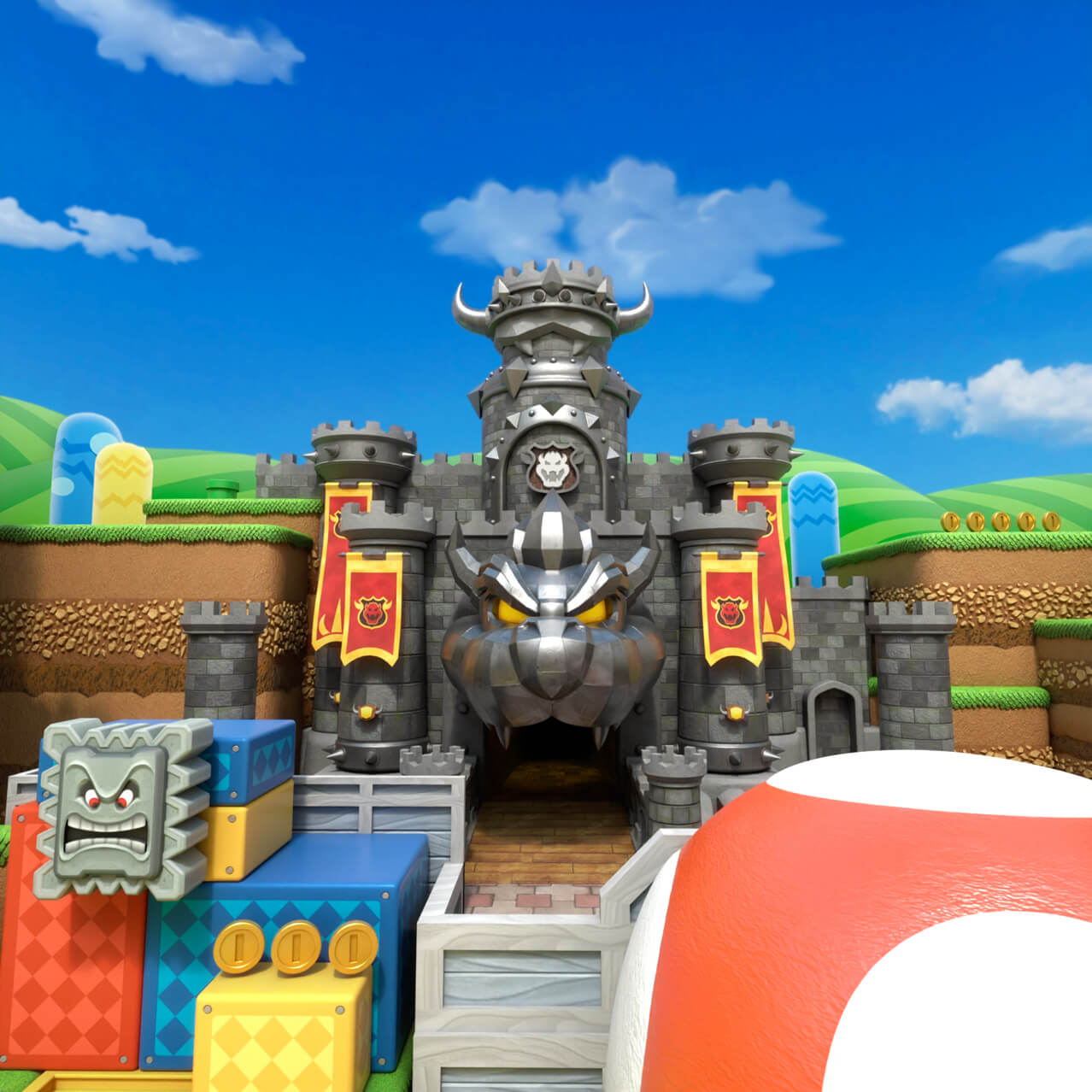  Front view of Bowser’s castle in SUPER NINTENDO WORLD™ land at Universal Studios Hollywood.