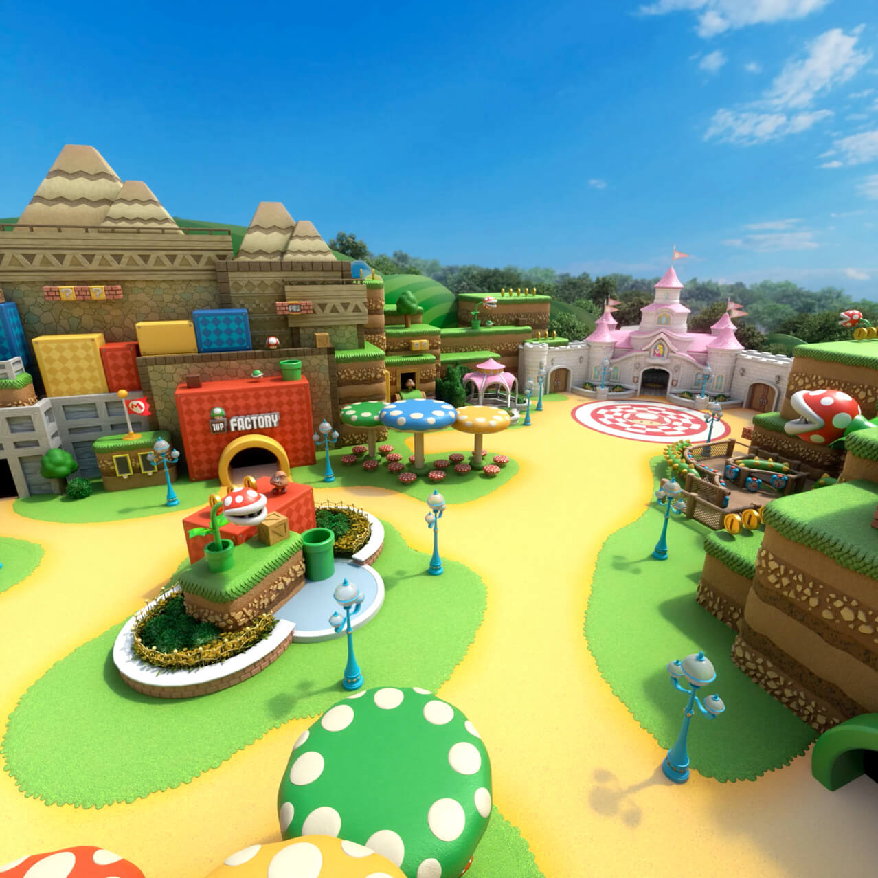 Overview look of Mario & Luigi and Princess Peach character meet and greet locations in  SUPER NINTENDO WORLD™ land at Universal Studios Hollywood.