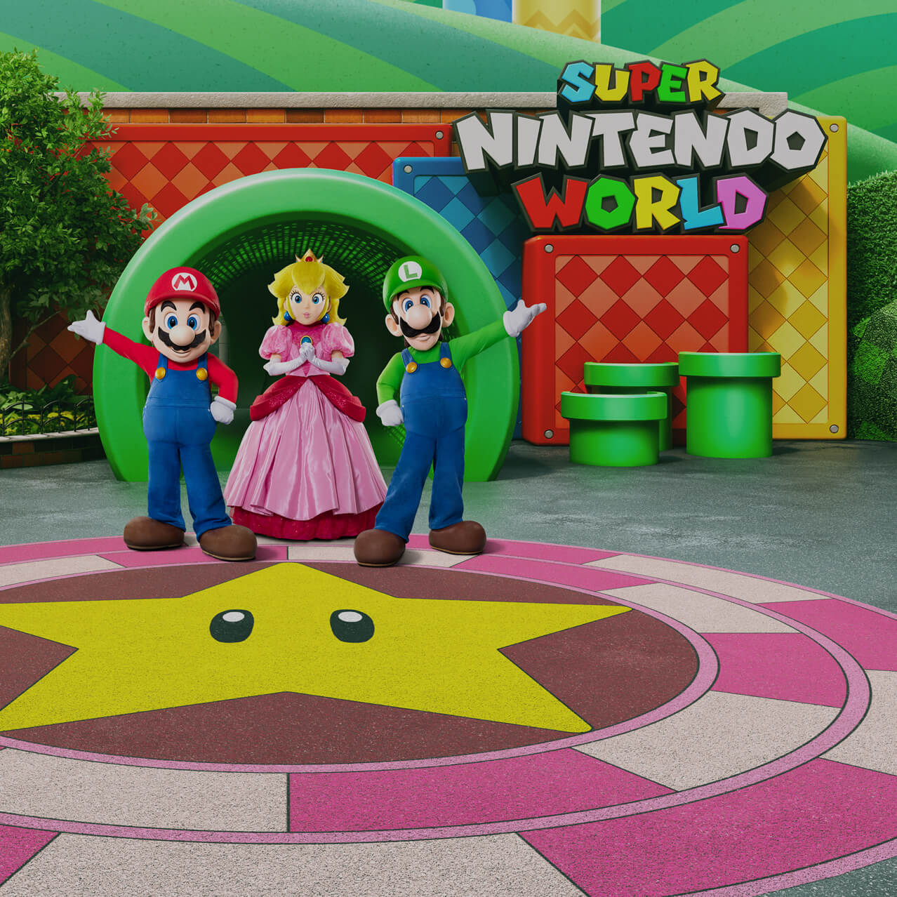 The characters Mario, Princess Peach and Luigi stand before the entrance to Super Nintendo World at Universal Studios Hollywood.
