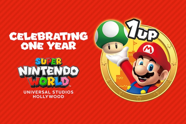 Celebrating 1 Year of SUPER NINTENDO WORLD at Universal Studios Hollywood with Mario holding a 1Up mushroom in a golden seal.