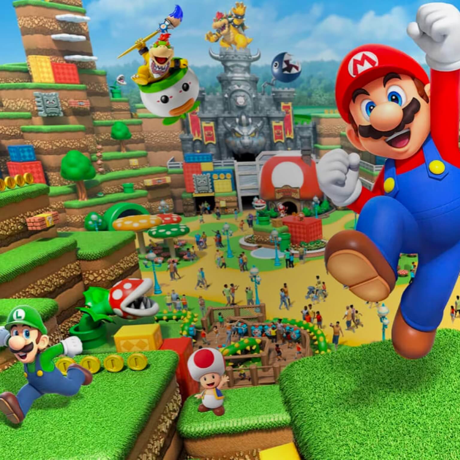 The video game character Mario jumps up, raising his fist in the air high above an illustration of SUPER NINTENDO WORLD™. Bowser's Castle and Princess Peach's Castle are visible in the background, along with a multitude of other video game characters racing about and flying through the sky.