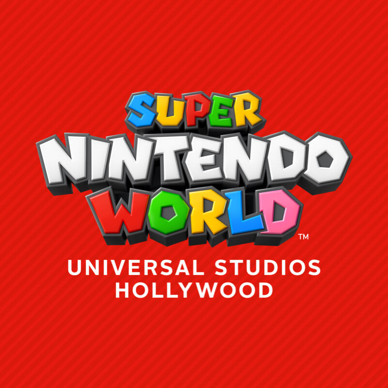 Super Nintendo World logo on red stripe background.