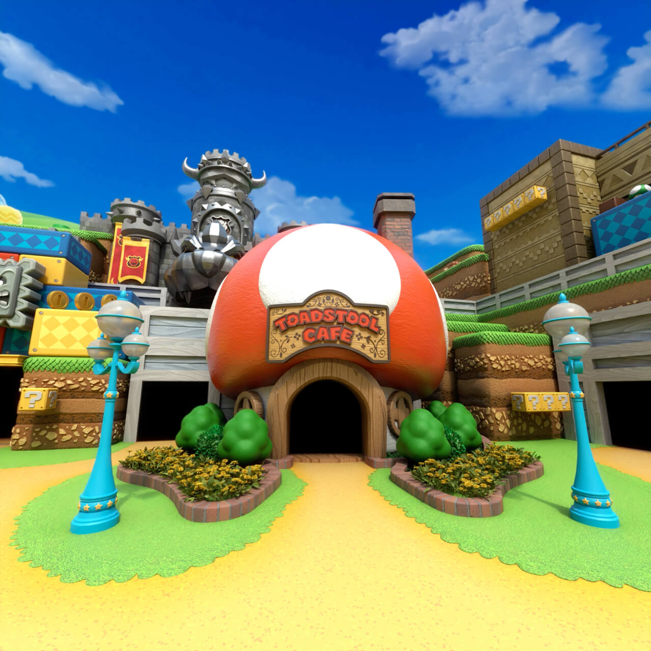 Front view of Toadstool Cafe™ in SUPER NINTENDO WORLD™ land at Universal Studios Hollywood.