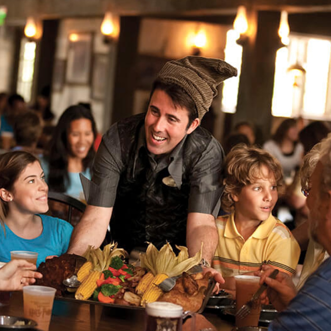 People eating at Three Broomsticks. 