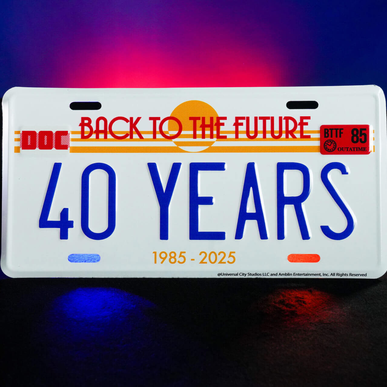 A commemorative license plate with the text: "Back to the Future", "40 Years", "1985-2025".