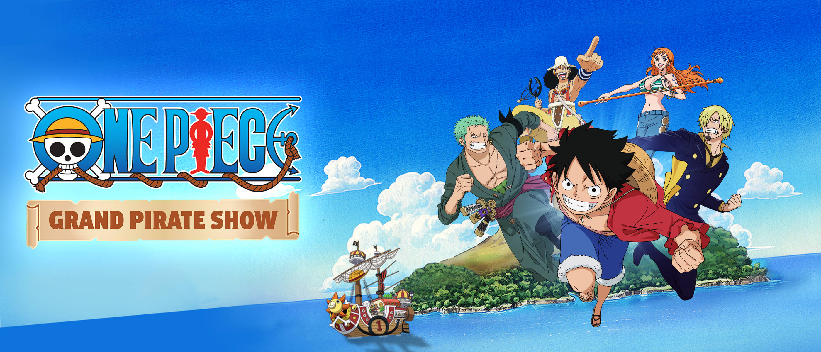 Stylized “ONE PIECE GRAND PIRATE SHOW” logo with characters flying forward and an island and pirate ship in the background.