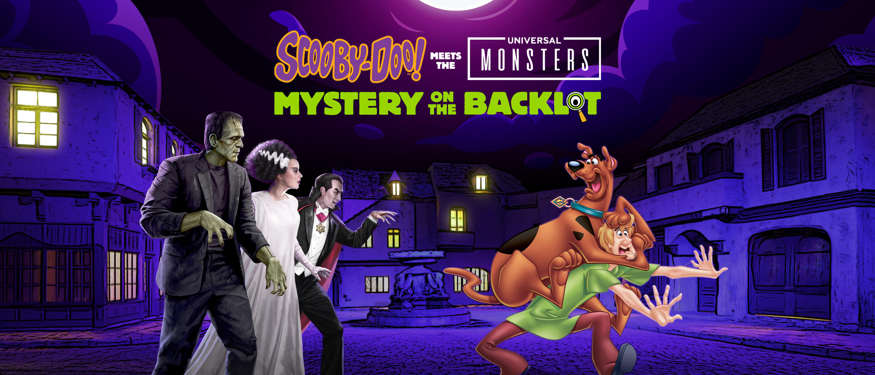 Scooby and Shaggy running from Frankenstein’s Monster, The Bride and Dracula with a “SCOOBY-DOO! MEETS THE UNIVERSAL MONSTERS MYSTERY ON THE BACKLOT” logo.