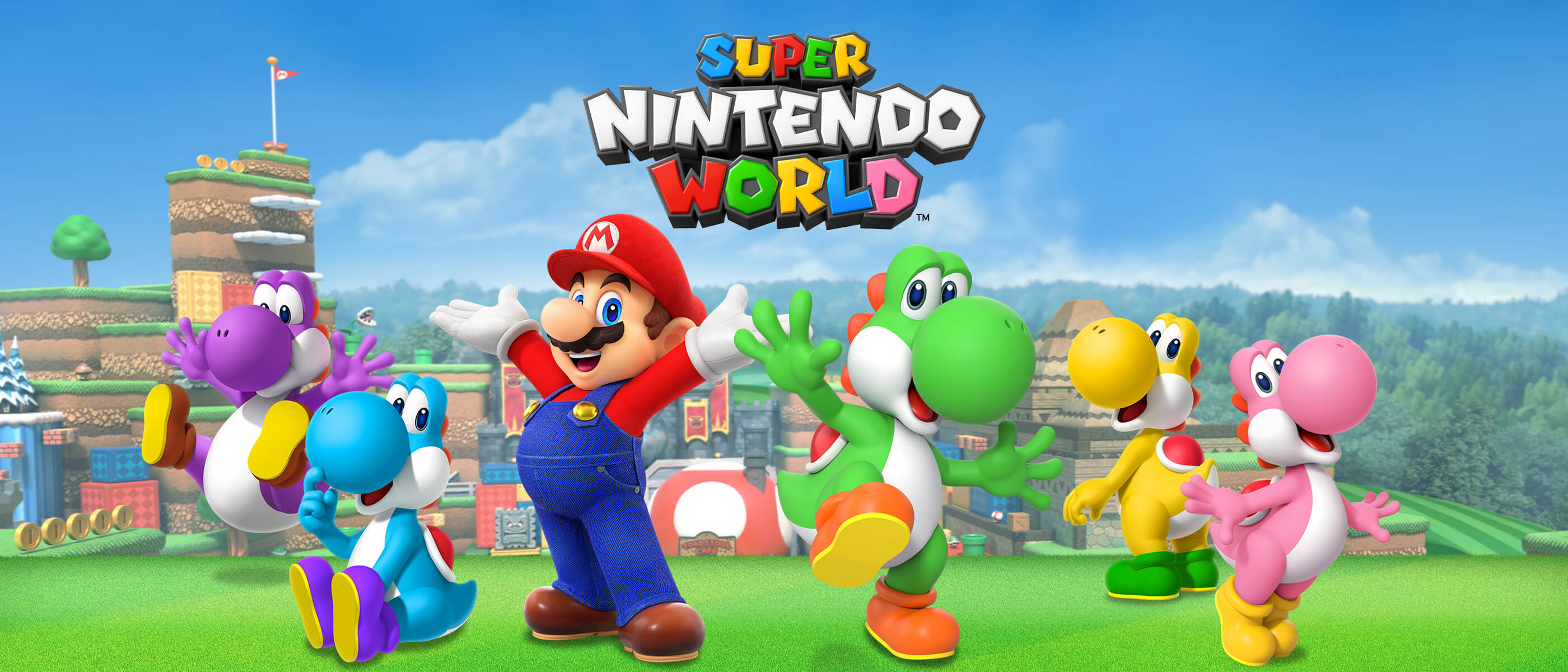 SUPER NINTENDO WORLD™ logo above Mario and different-colored Yoshis with the buildings of their world in the background.