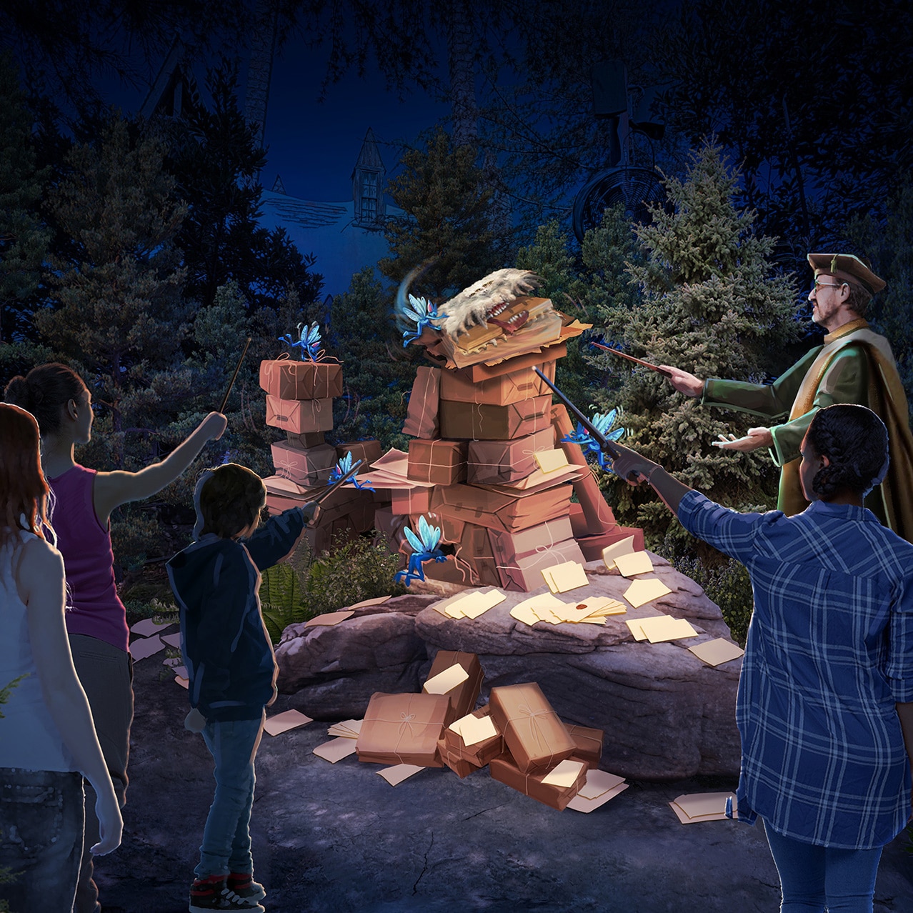 Un grupo, uno de ellos con túnica de mago, apunta con sus varitas a un montón de paquetes, sobres y duendes azules voladores en un bosque nocturno.