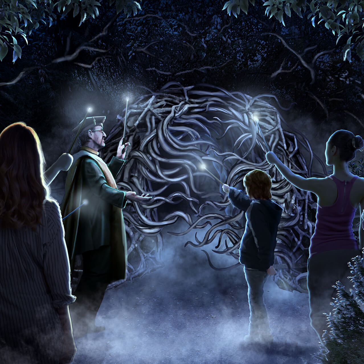 Representación de invitados y una persona con túnica de mago apuntando con varitas iluminadas a un trozo de Trampa del Diablo en la oscuridad.