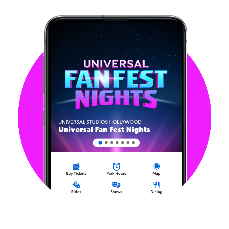 Universal Studios Hollywood app featuring the Universal Fan Fest Nights event.