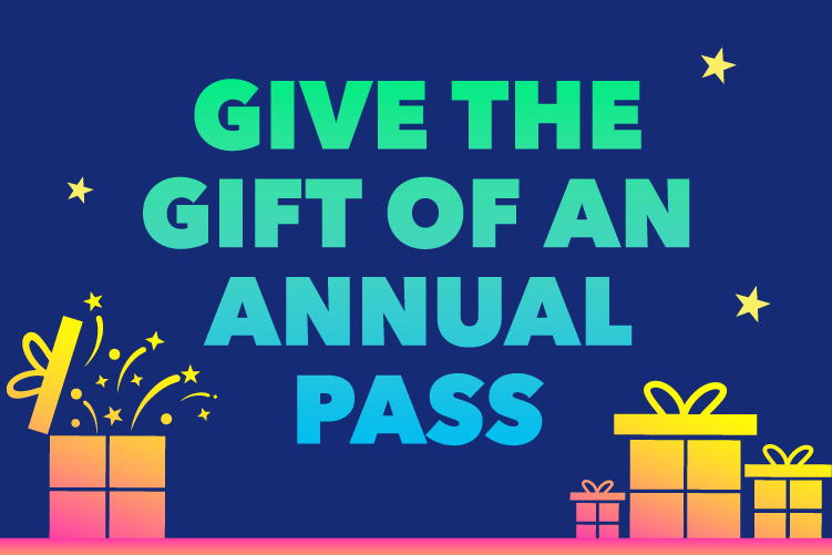 GIVE THE GIFT OF AN ANNUAL PASS; multi-colored logo over a holiday background with a tree, stars and presents.