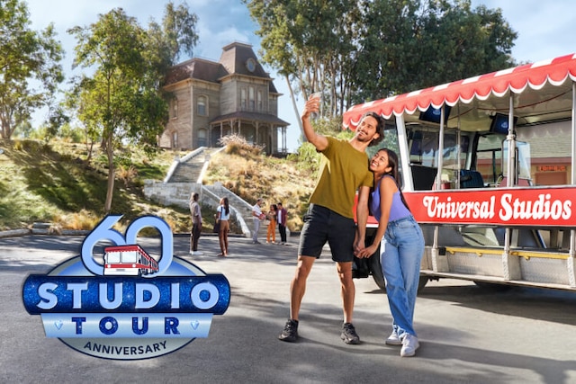Guests exit the tram to explore during Studio Tour’s 60th anniversary at Universal Studios Hollywood.