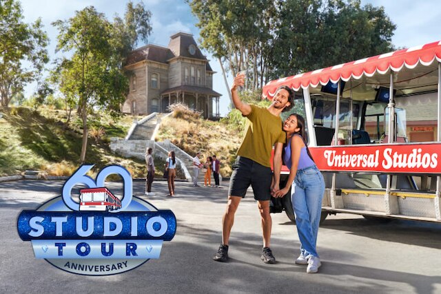Guests exit the tram to explore during Studio Tour’s 60th anniversary at Universal Studios Hollywood.