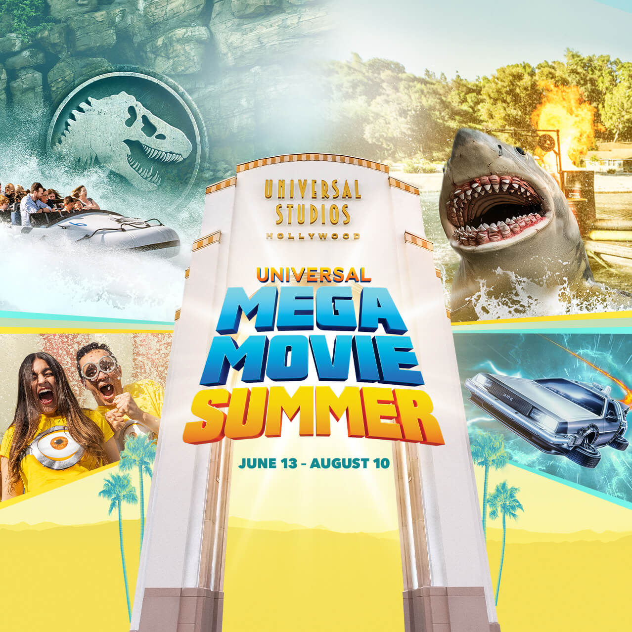 A collage of Jurassic World, Jaws, Back to the Future and guests yelling in excitement with the Universal Mega Movie Summer logo in the center.