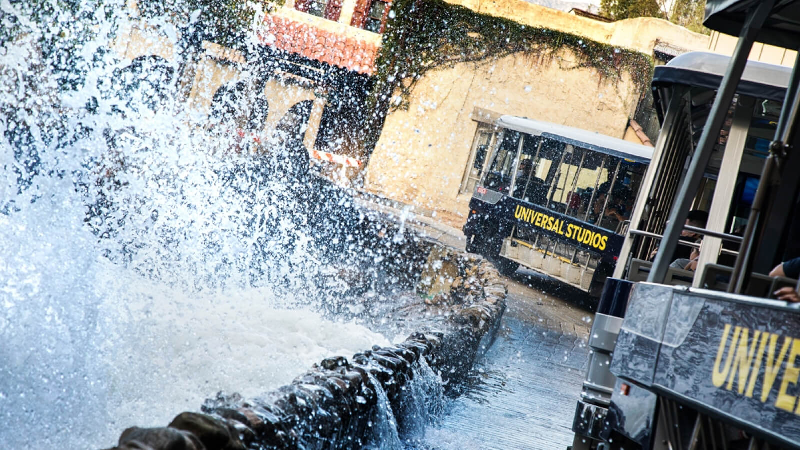 Universal Studios tour trams move past the “parting waters” special effect on the Studio Tour.