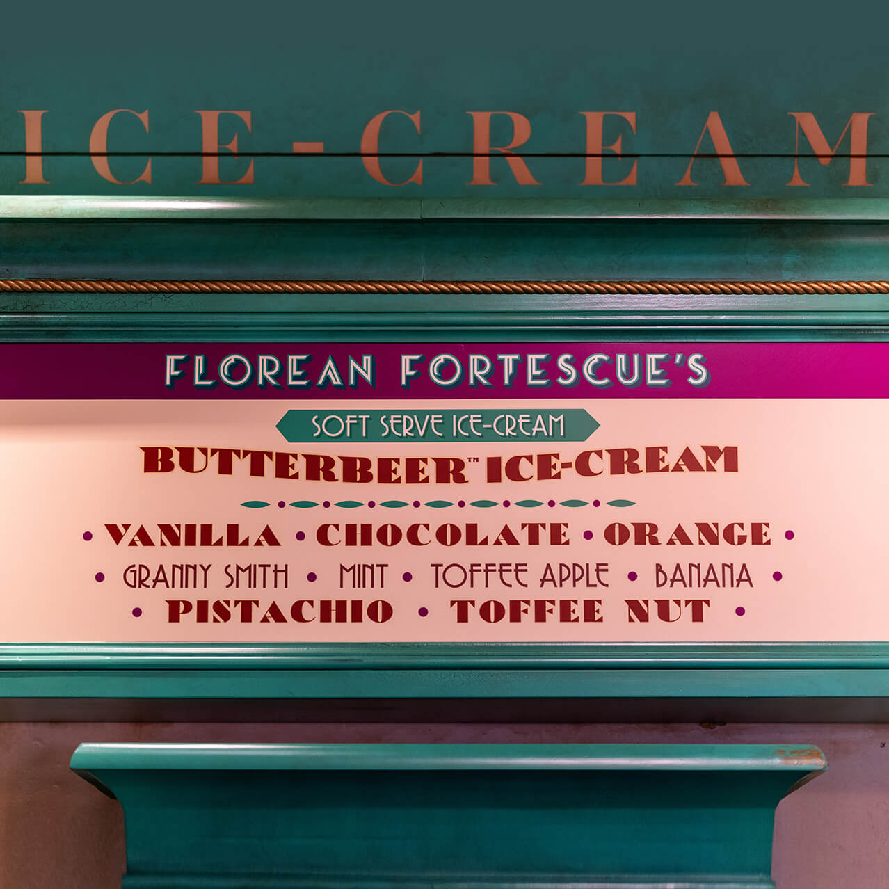 A sign of soft serve ice cream Iavors from Florean Fortescue's Ice-Cream Counter at Universal Studios Hollywood.